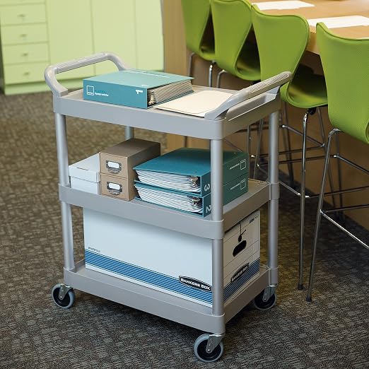 Rubbermaid Commercial Products Heavy Duty 3-Shelf Rolling Service/Utility/Push Cart, 200 lbs. Capacity, Platinum, for Foodservice/Restaurant/Cleaning/Warehouse/Garage
