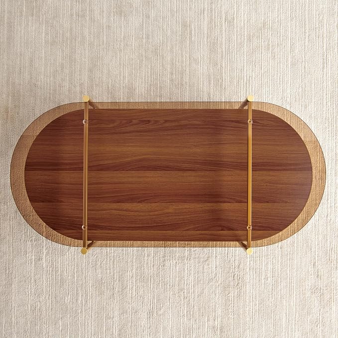 LumFurn X-Large Oval Glass Coffee Table, Mid-Century Modern Design, L47 x W24 x H17 inch, for Living Room, Amber Glass Top and Walnut Finish Wood Shelf, Conical Legs with Gold Finish Frame