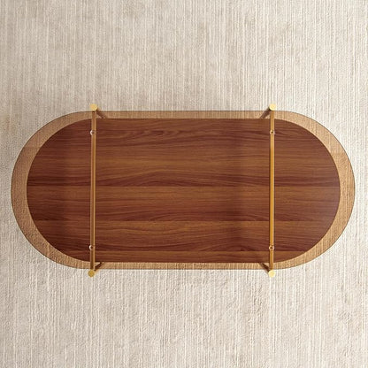 LumFurn X-Large Oval Glass Coffee Table, Mid-Century Modern Design, L47 x W24 x H17 inch, for Living Room, Amber Glass Top and Walnut Finish Wood Shelf, Conical Legs with Gold Finish Frame