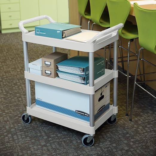 Rubbermaid Commercial Products Plastic Utility Service Cart with Wheels, White, 200 lbs Capacity, for Foodservice/Restaurant/Cleaning/Warehouse/Garage