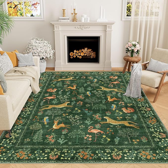 DUKINO 5x7 Rug, Washable Animal Living Room Rug with Non Slip Vintage Design, Soft Low Pile Large Carpet for Bedroom, Nursery, Dining Room, Farmhouse, Playroom, Green