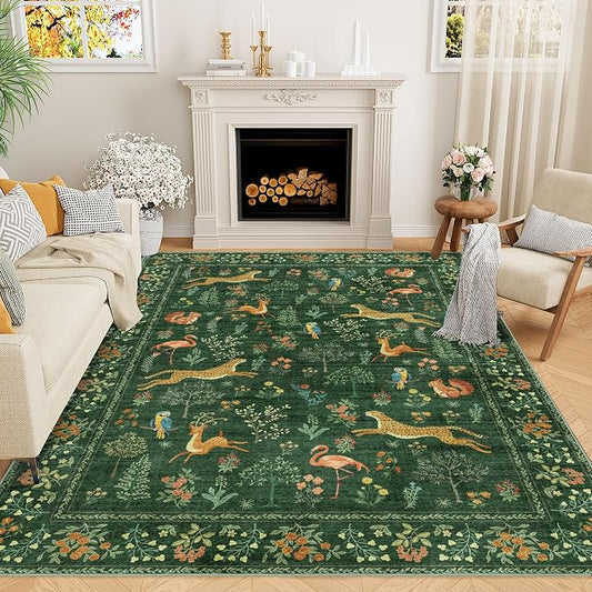DUKINO 5x7 Rug, Washable Animal Living Room Rug with Non Slip Vintage Design, Soft Low Pile Large Carpet for Bedroom, Nursery, Dining Room, Farmhouse, Playroom, Green