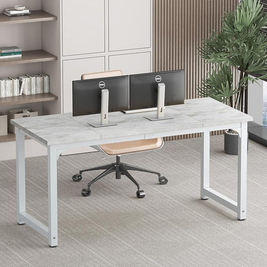 NSdirect 63" Large Computer Desk,Modern Simple Style PC Table Office Desk Wide Workstation for Study Writing,Gaming and Home Office,Extra 1" Thicker Wooden Tabletop and Black Metal Frame,Stone White
