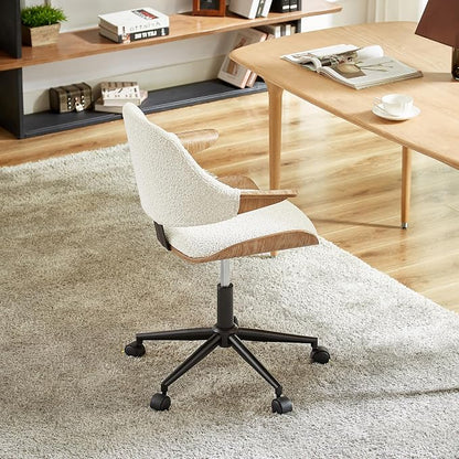 Art Leon Swivel Desk Chairs, Set of 2, Mid Century Modern Office Chairs with Wheels, Boucle Fabric Upholstered Armchairs, Adjustable Height Task Chairs with Metal Base, Washed Oak Bentwood, White