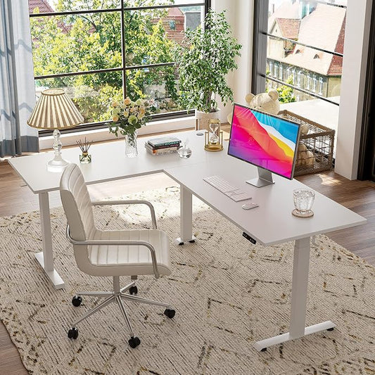 FEZIBO 75 Inches, Supports Over 300lbs, Large L Shaped Standing Desk, Electric Height Adjustable L Shaped Desk, Suitable for Home Office, White Frame/White Top
