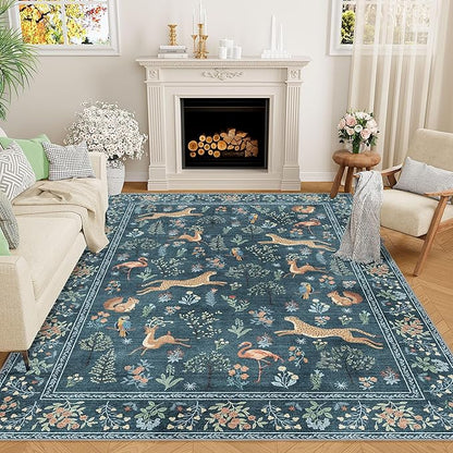 DUKINO 5x7 Rug, Washable Animal Living Room Rug with Non Slip Vintage Design, Soft Low Pile Large Carpet for Bedroom, Nursery, Dining Room, Farmhouse, Playroom, Blue