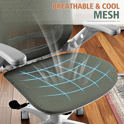 GABRYLLY Ergonomic Office Chair, High Back Home Desk Chair with Headrest, Flip-Up Arms, 90-120° Tilt Lock and Wide Cushion, 300LBS Mesh Chairs for Man Woman, White Task Chair(Olive Green,GY01WOG)