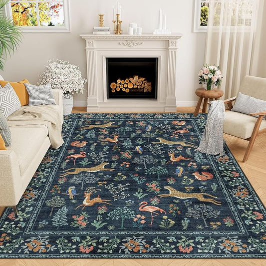DUKINO 5x7 Rug, Washable Animal Living Room Rug with Non Slip Vintage Design, Soft Low Pile Large Carpet for Bedroom, Nursery, Dining Room, Farmhouse, Playroom, Navy Blue
