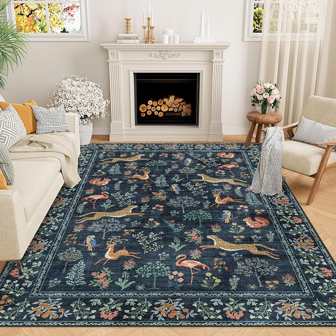 DUKINO 6x9 Rug, Washable Animal Living Room Rug with Non Slip Vintage Design, Soft Low Pile Large Carpet for Bedroom, Nursery, Dining Room, Farmhouse, Playroom, Navy Blue