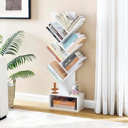 Hoctieon 6 Tier Tree Bookshelf, Tall Bookcase with Drawer, Freestanding Book Shelf, Display Floor Standing Storage Shelf, Book Organizer Shelves for Home Office, Living Room, Bedroom, White