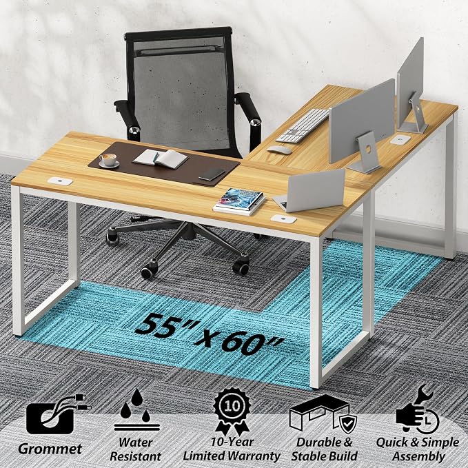SHW 55 x 60 Inches Commercial-Grade L-Shape Corner Office Computer Desk, Oak