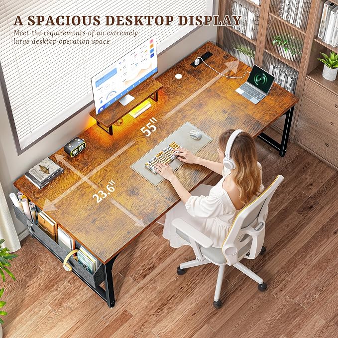 DurayLoly 55 x 24 inch Desk, 24mm Thick Heavy Duty Computer Desk with RGB LED & Power Outlets, Gaming Desk with Detachable Stand, 150LBS Load Capacity, Work Gaming Desk for Home Office, Brown