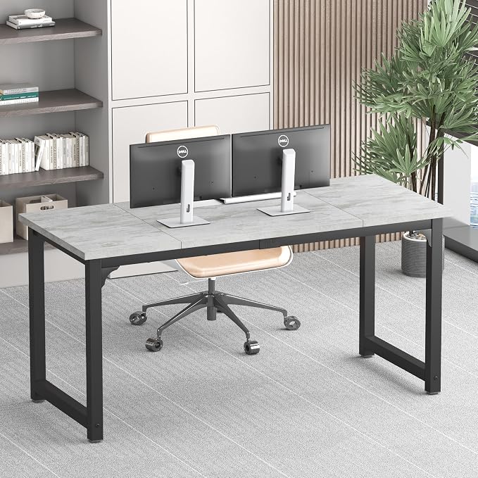 NSdirect 63" Large Computer Desk,Modern Simple Style PC Table Office Desk Wide Workstation for Study Writing,Gaming and Home Office,Extra 1" Thicker Wooden Tabletop and Black Metal Frame,White+Black