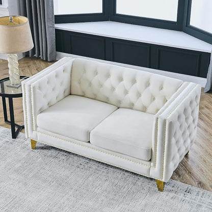 mikibama 58" Velvet Loveseat Sofa Couch for Living Room,Button Tufted 2 Seater Couches with Nailhead Trims,Modern Upholstered 2-seat Sofas with Golden Metal Legs for Bedrooom,Office