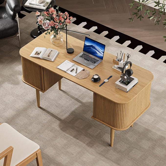 MAISONARIA 55" Modern Writing Desk with Storage, Wood Home Office Desk with Sliding Doors, Computer Desk for Home Office, Dorm, Living Room, Home Study Table, Natural