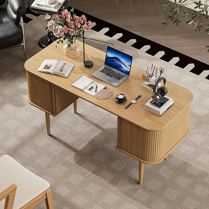 MAISONARIA 55" Modern Writing Desk with Storage, Wood Home Office Desk with Sliding Doors, Computer Desk for Home Office, Dorm, Living Room, Home Study Table, Natural