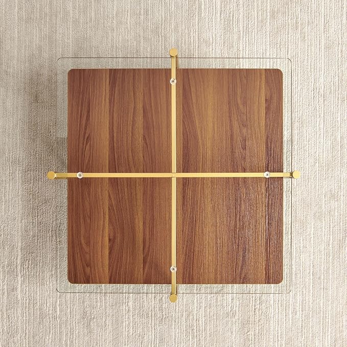 LumFurn X-Large Square Glass Coffee Table, Mid-Century Modern Design, L30 x W30 x H17 inch, for Living Room, Clear Glass Top and Walnut Finish Wood Shelf, Conical Legs with Gold Finish Frame