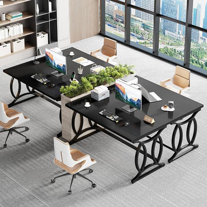 HSH Black Home Office Desk, 55 Inch Metal Wood Computer Desk, Simple Modern Study Executive Desk for Work Writing, Modern Student Gaming Computer PC Table for Bedroom Living Room,Blach Oak
