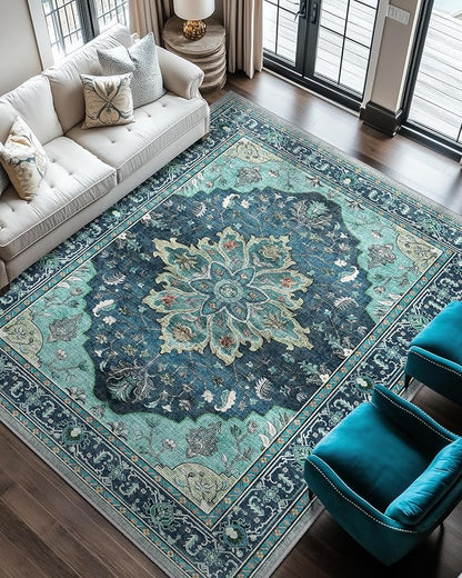 RELEANY Area Rugs 6'x9' Washable Non-Slip, Floral Vintage Distress Medallion Carpet for Living Room Bedroom Dining Room, Teal Green Lake Blue Turquoise