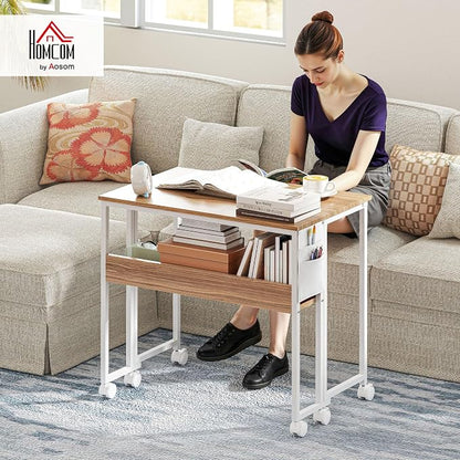 HOMCOM Small Folding Desk, Rolling Computer Desk Foldable with Storage Bag and Shelf, 31.5" Portable Writing Table on Wheels for Small Spaces, Home Office, Study, Easy Assembly, Natural Wood