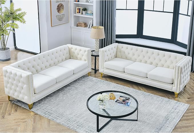 mikibama 2PC Velvet Sofa Couch Set for Living Room,Button Tufted 3 Seater Sofas Set of 2,Modern Upholstered 3-Seat Couches with Nailhead Trims,Golden Metal Legs for Bedroom