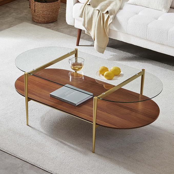 LumFurn X-Large Oval Glass Coffee Table, Mid-Century Modern Design, L47 x W24 x H17 inch, for Living Room, Clear Glass Top and Walnut Finish Wood Shelf, Conical Legs with Gold Finish Frame